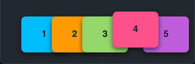 Five overlapping cards; each one in turn lifts and moves in front of its neighbors